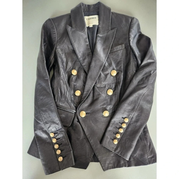 NWD L'Agence Kenzie Double Breasted Leather Blazer Size 2 Black - Picture 10 of 14